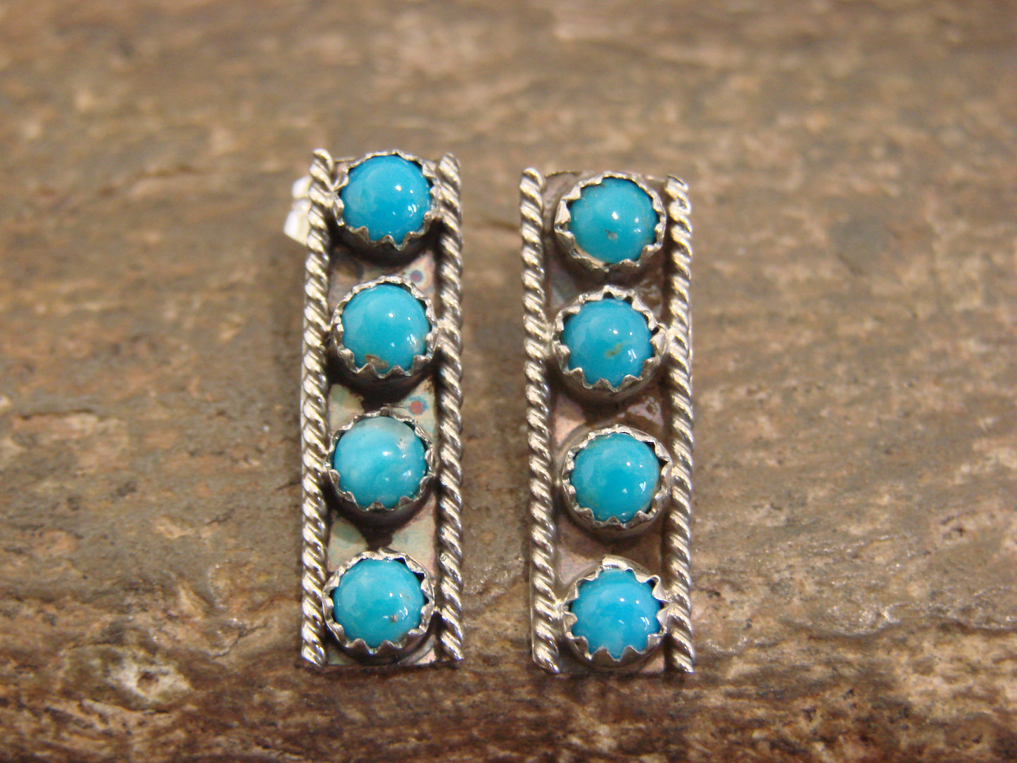Native American Sterling Silver Handmade Turquoise Row Post Earrings - Spencer