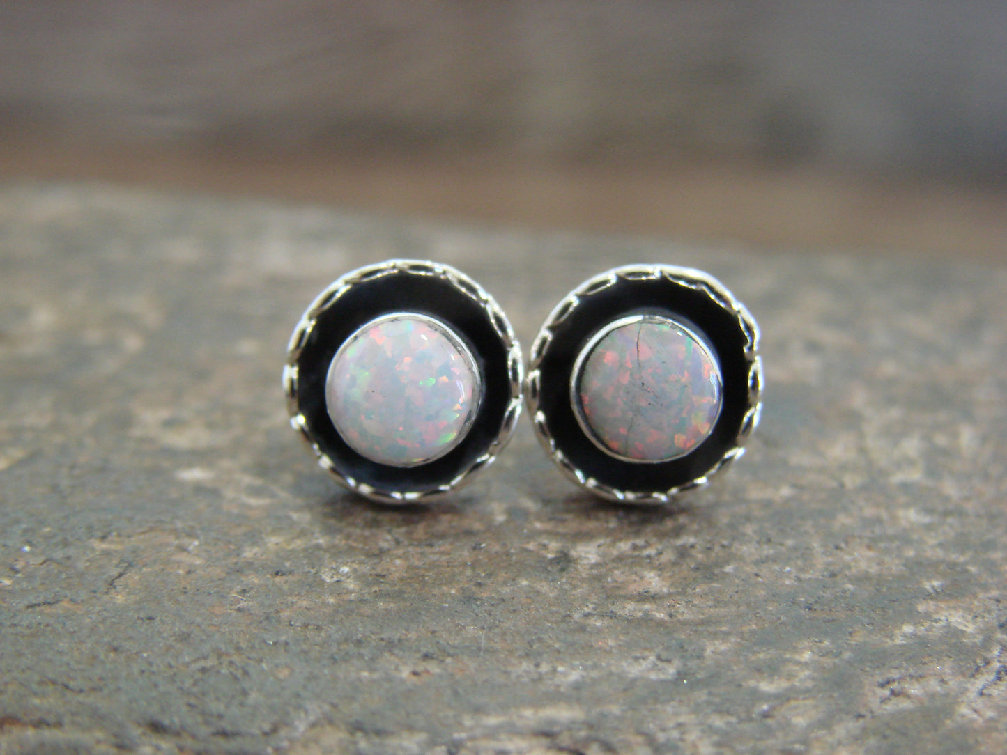 Native American Sterling Silver & White Opal Stud Post Earrings - Leekity