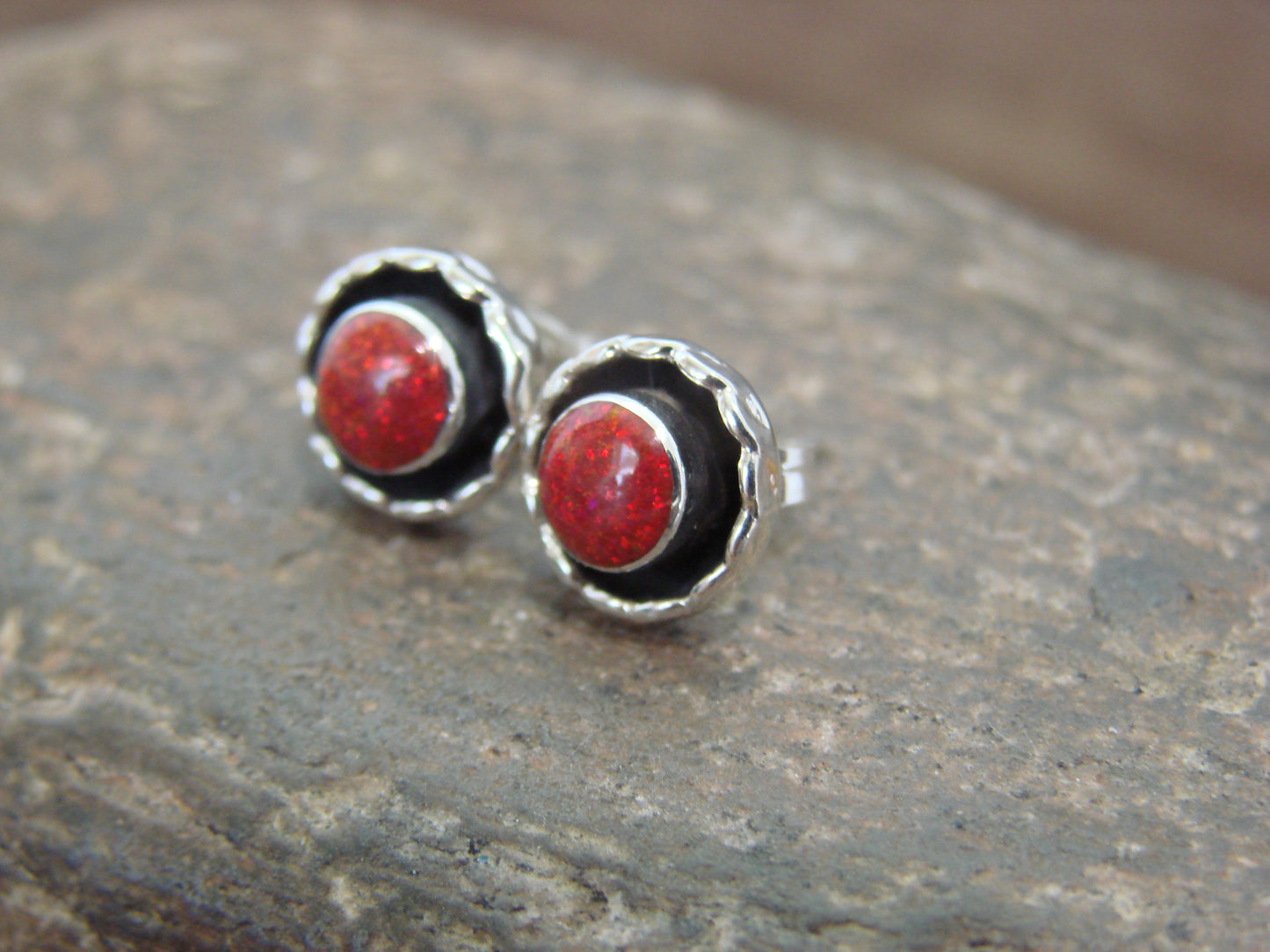 Native American Sterling Silver & Red Opal Stud Post Earrings - Leekity
