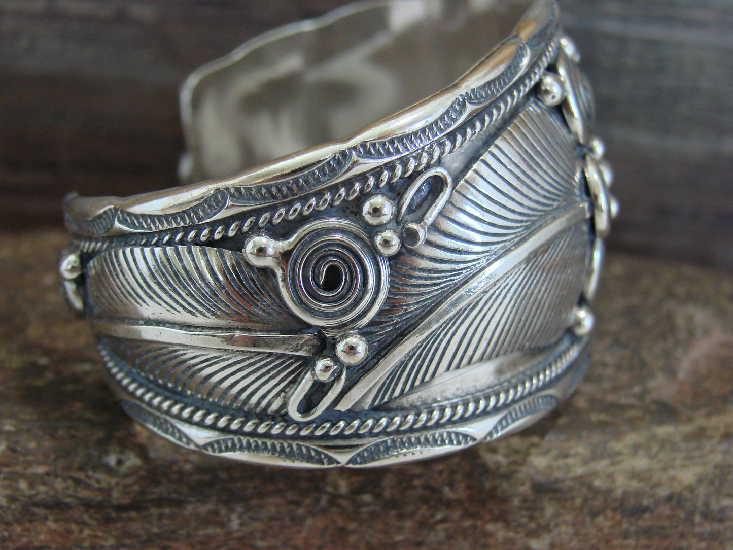 Native American Navajo Sterling Silver Feather Bracelet by D Morgan
