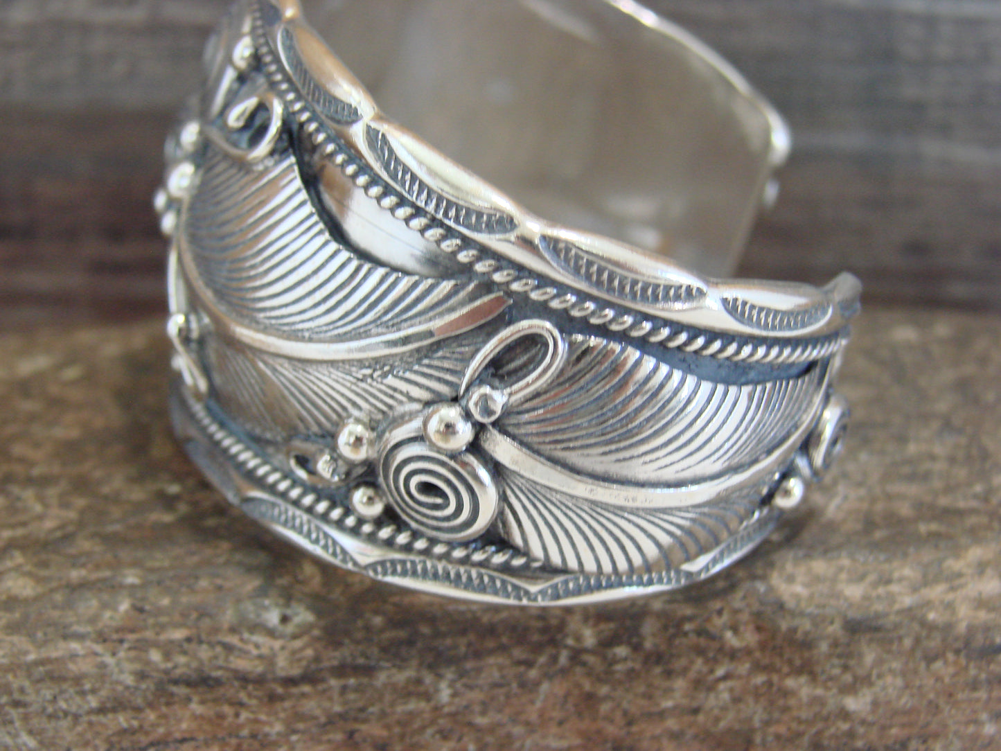 Native American Navajo Sterling Silver Feather Bracelet by D Morgan