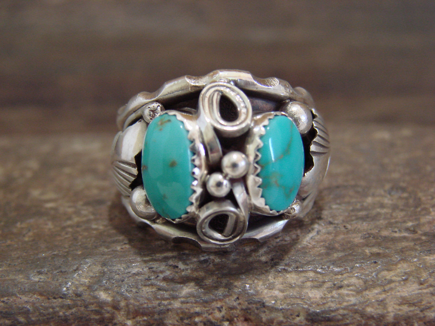 Native American Sterling Silver 2 Stone Turquoise Ring by Calladitto - Size 10.5