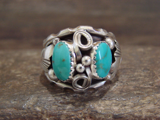Native American Sterling Silver 2 Stone Turquoise Ring by Calladitto - Size 10.5