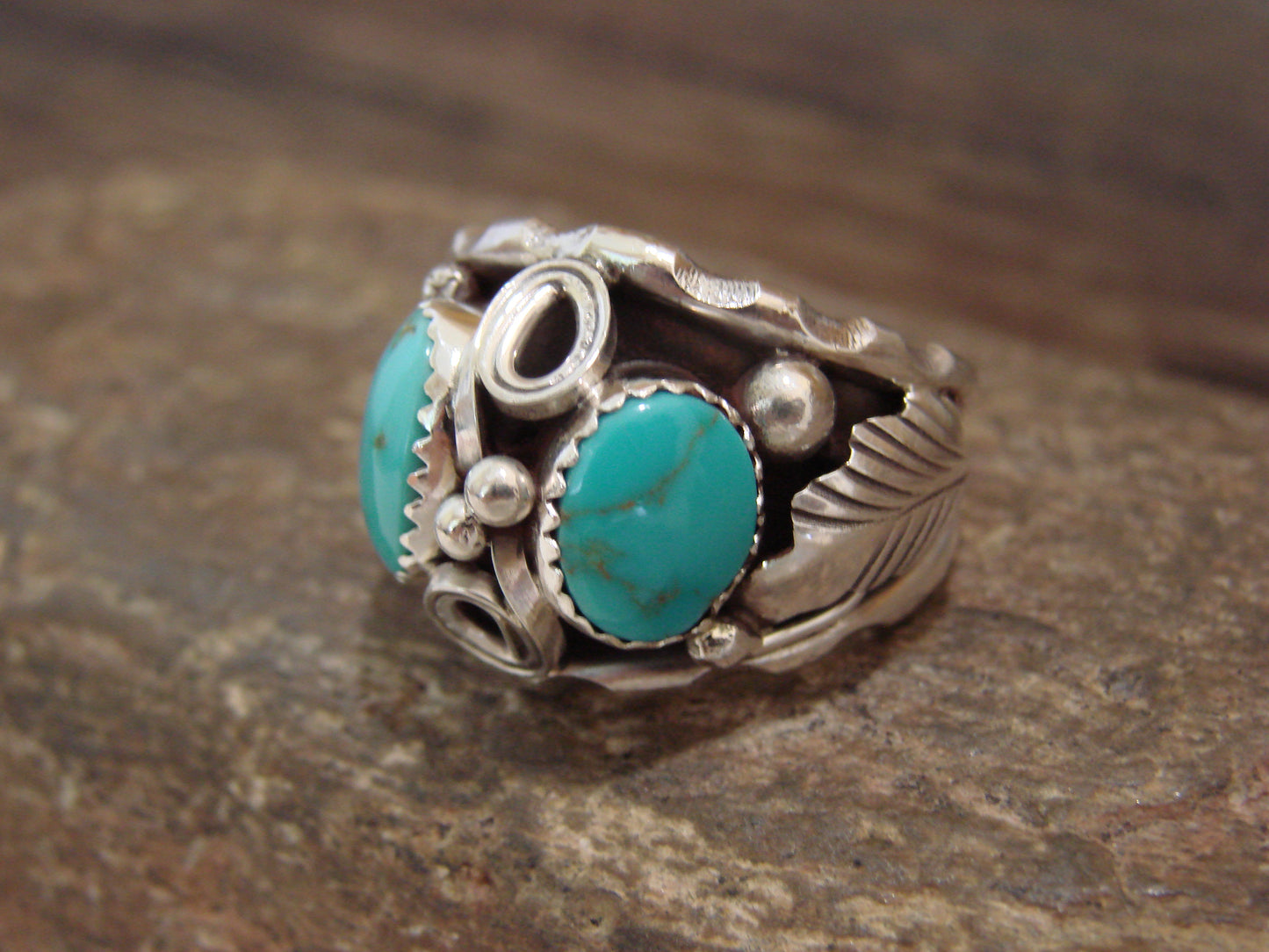 Native American Sterling Silver 2 Stone Turquoise Ring by Calladitto - Size 10.5
