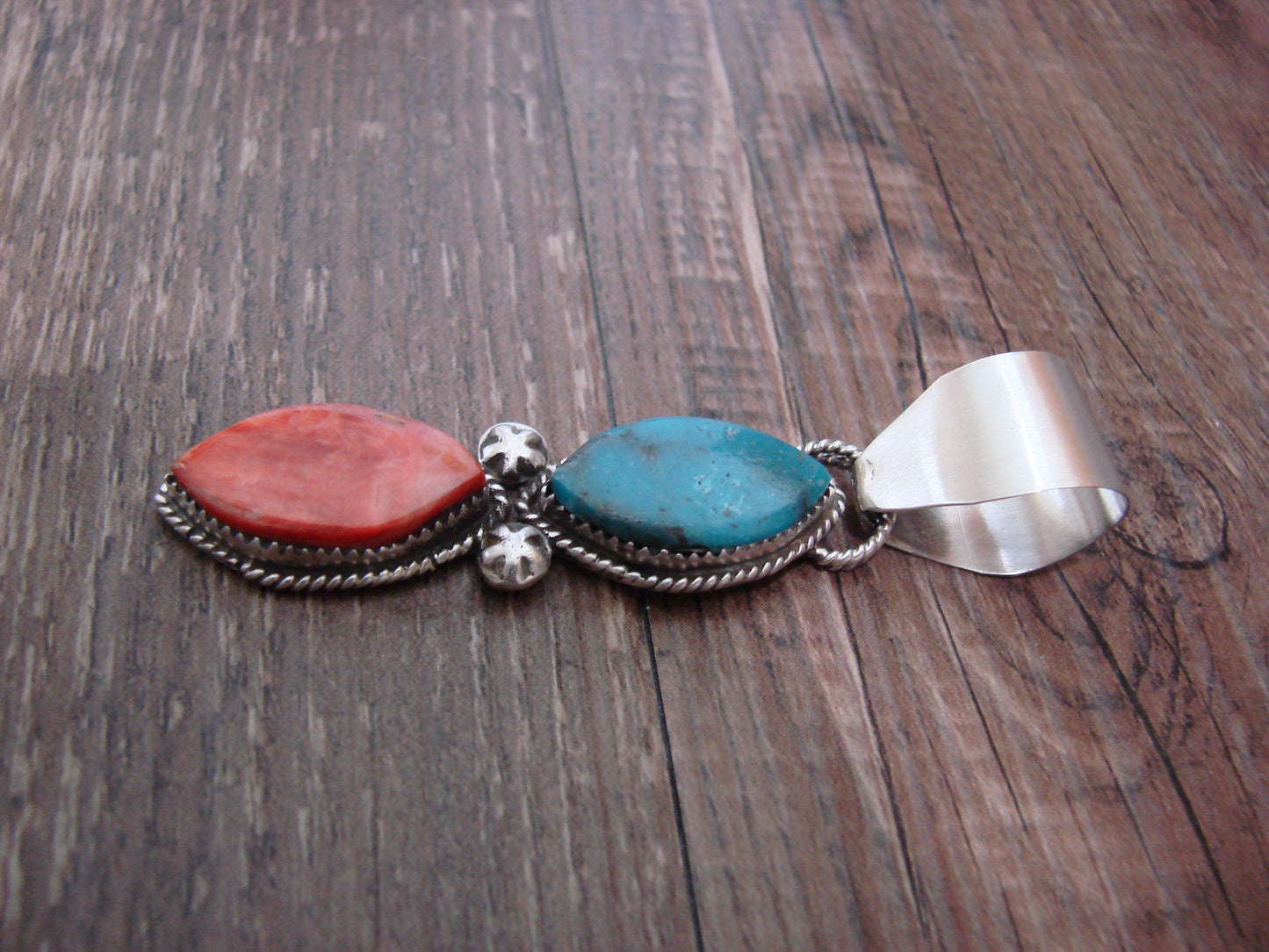 Native American Sterling Silver Turquoise & Spiny Oyster Pendant by Warner