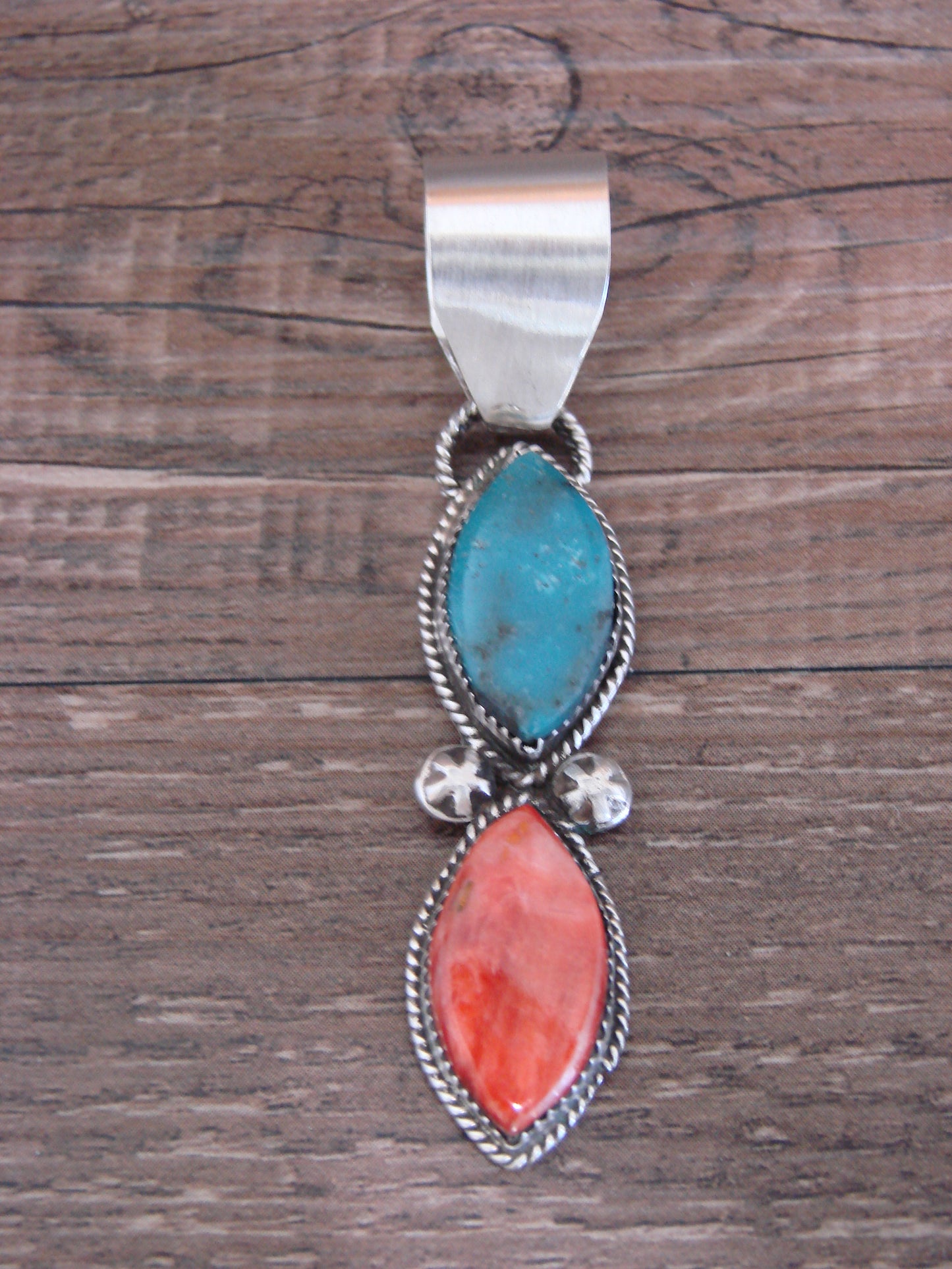 Native American Sterling Silver Turquoise & Spiny Oyster Pendant by Warner
