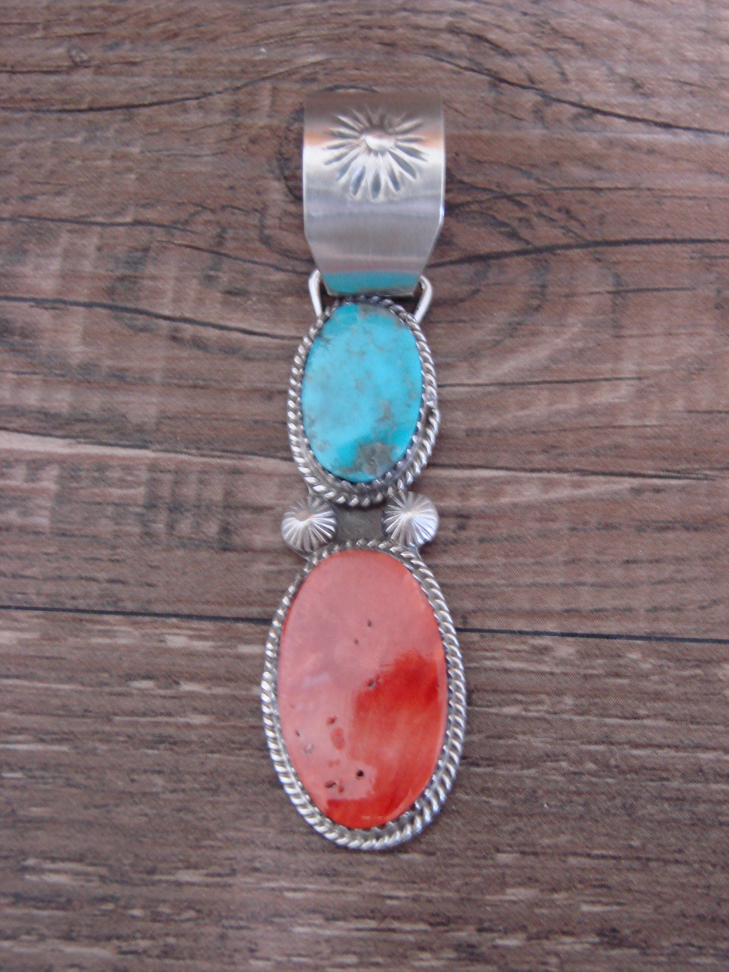 Native American Sterling Silver Turquoise & Spiny Oyster Pendant by Warner