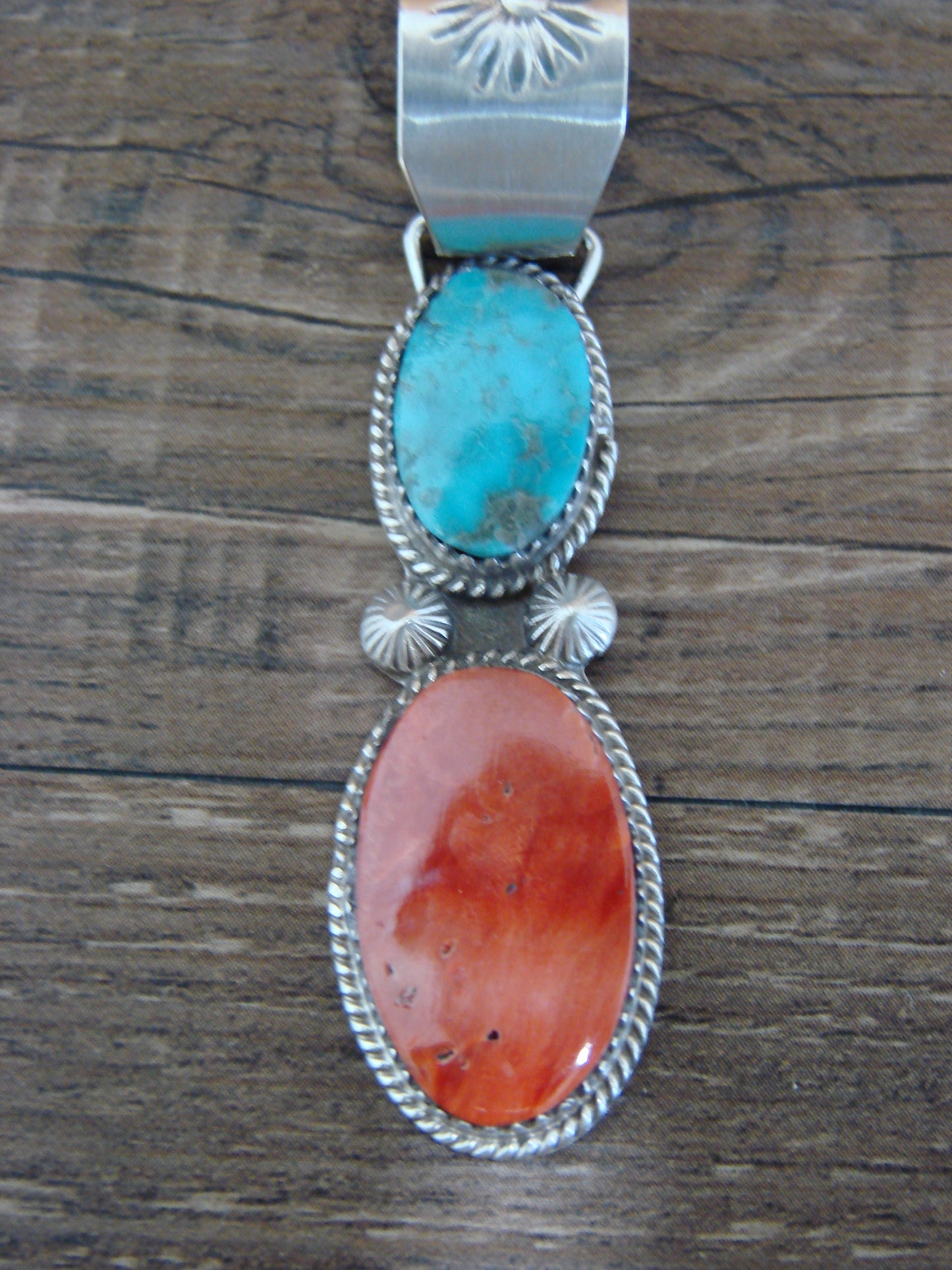 Native American Sterling Silver Turquoise & Spiny Oyster Pendant by Warner