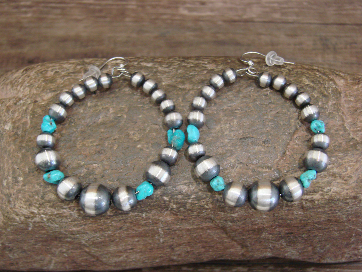 Native American Sterling Silver Navajo Pearl & Turquoise Loop Dangle Earrings Mariano