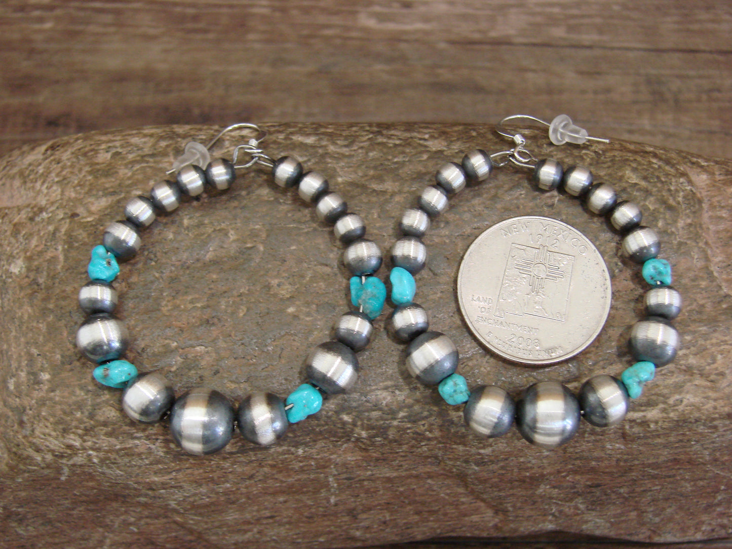 Native American Sterling Silver Navajo Pearl & Turquoise Loop Dangle Earrings Mariano