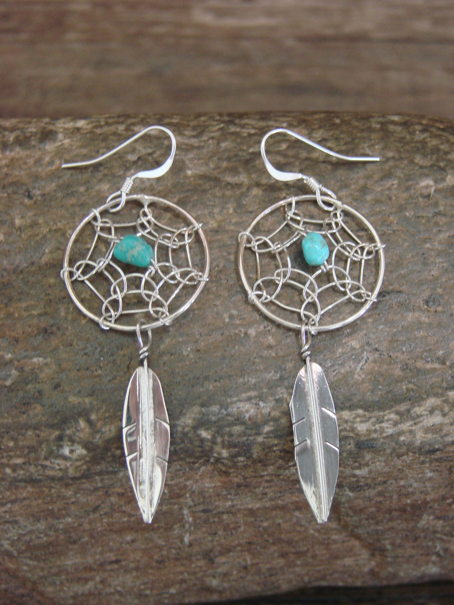 Native American Sterling Silver & Turquoise Dream Catcher Dangle Earrings - Arviso