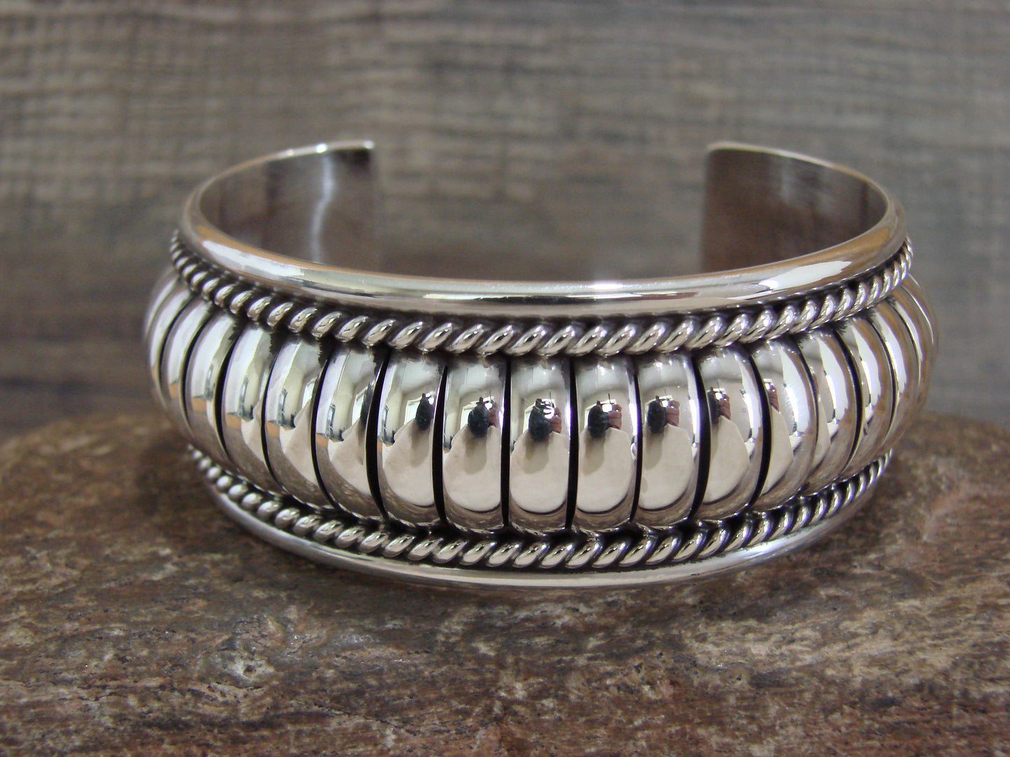 Native American Sterling Silver Ribbed Melon 1 " Cuff Bracelet by Thomas Charley