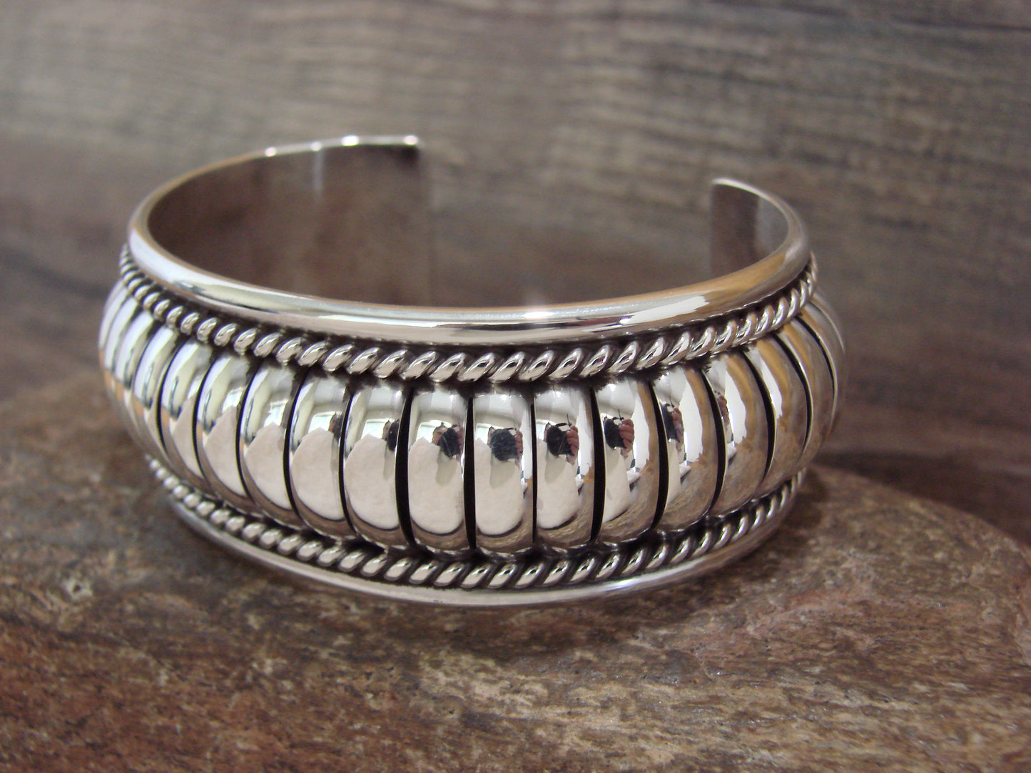 Native American Sterling Silver Ribbed Melon 1 " Cuff Bracelet by Thomas Charley