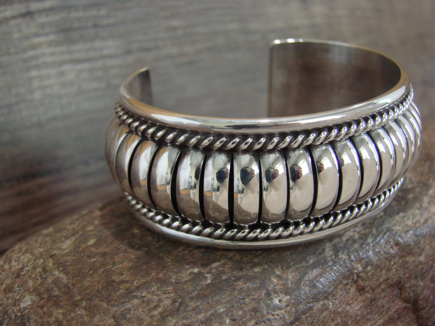 Native American Sterling Silver Ribbed Melon 1 " Cuff Bracelet by Thomas Charley