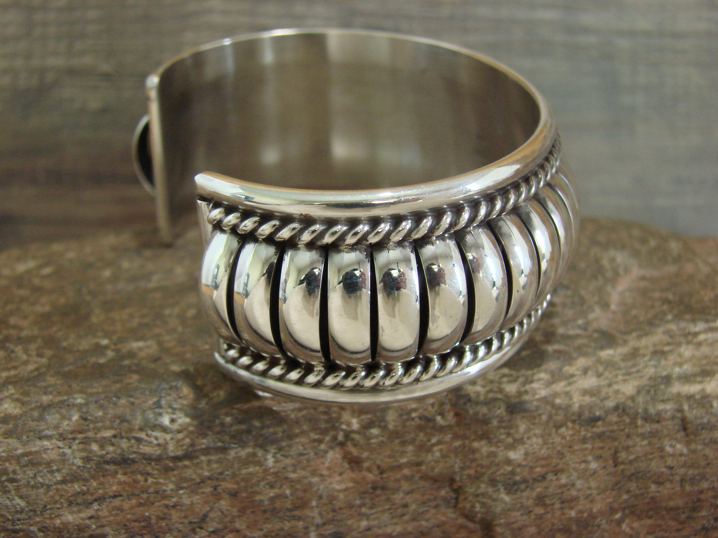 Native American Sterling Silver Ribbed Melon 1 " Cuff Bracelet by Thomas Charley