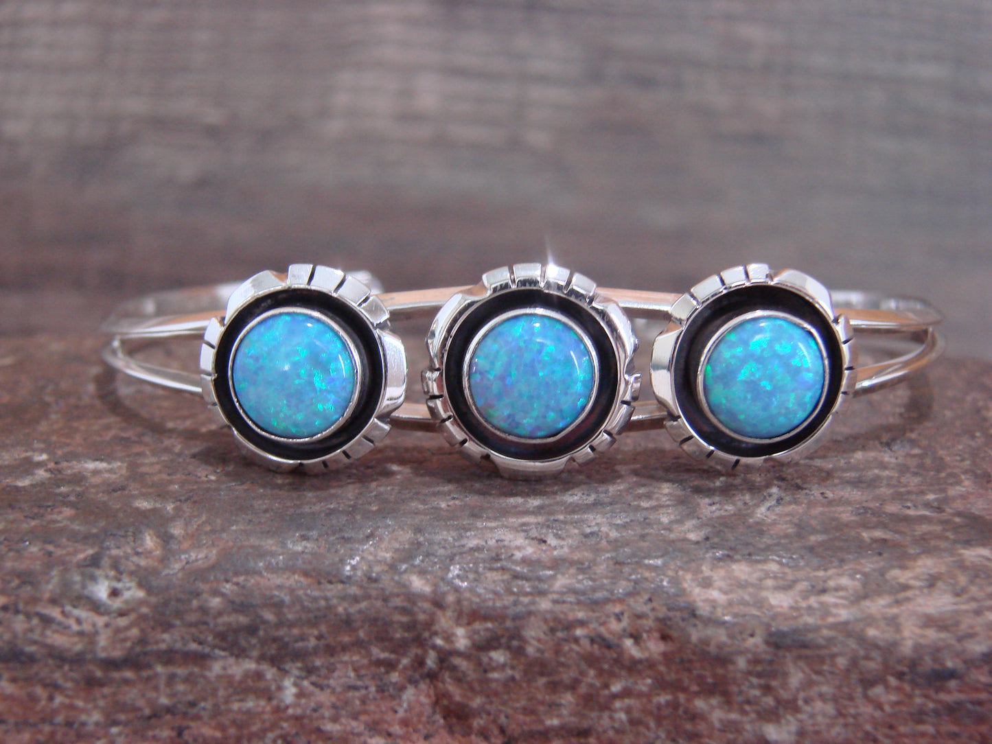 Native American Sterling Silver 3 Stone Blue Opal Bracelet by Amos Begay