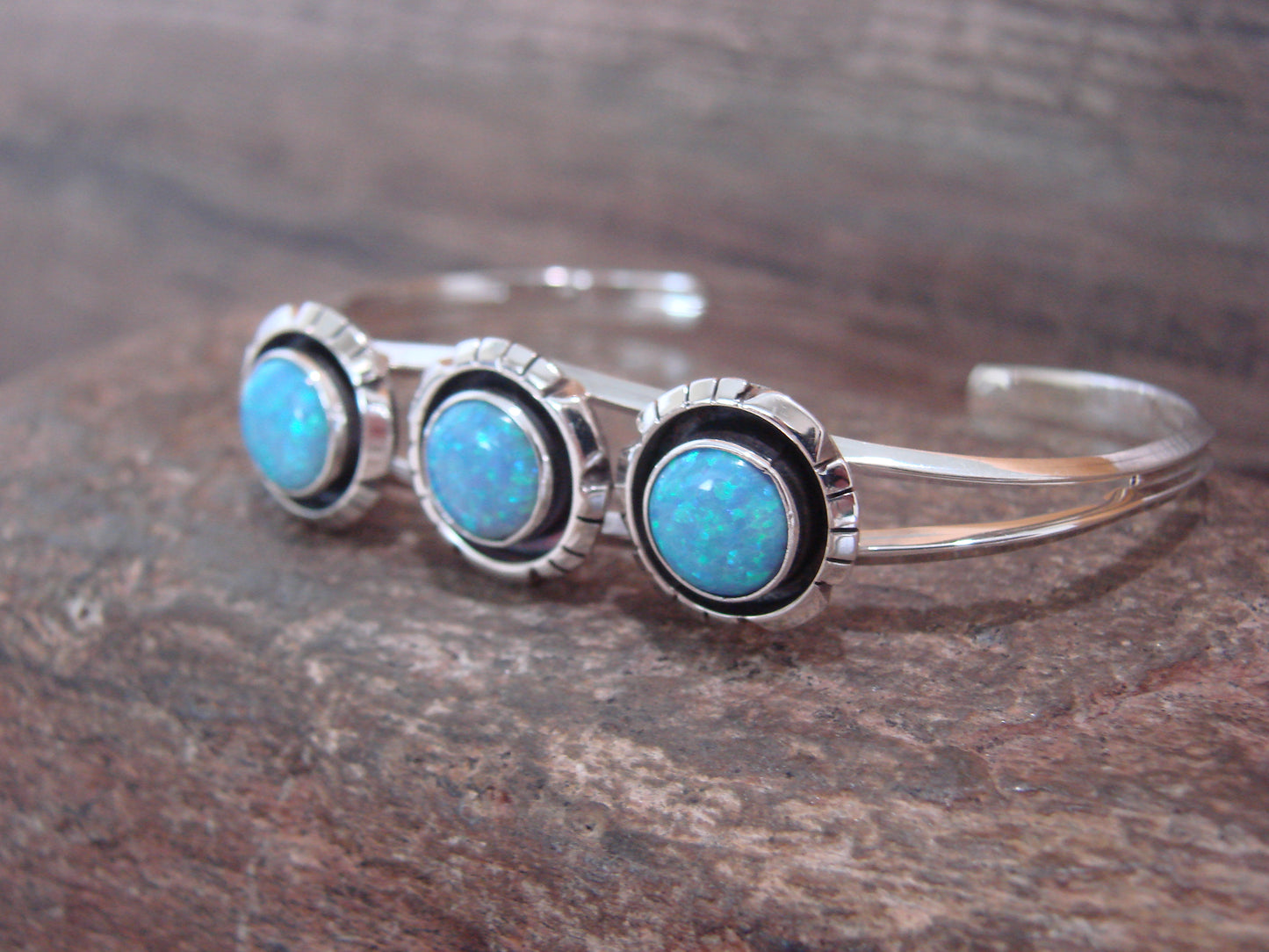 Native American Sterling Silver 3 Stone Blue Opal Bracelet by Amos Begay