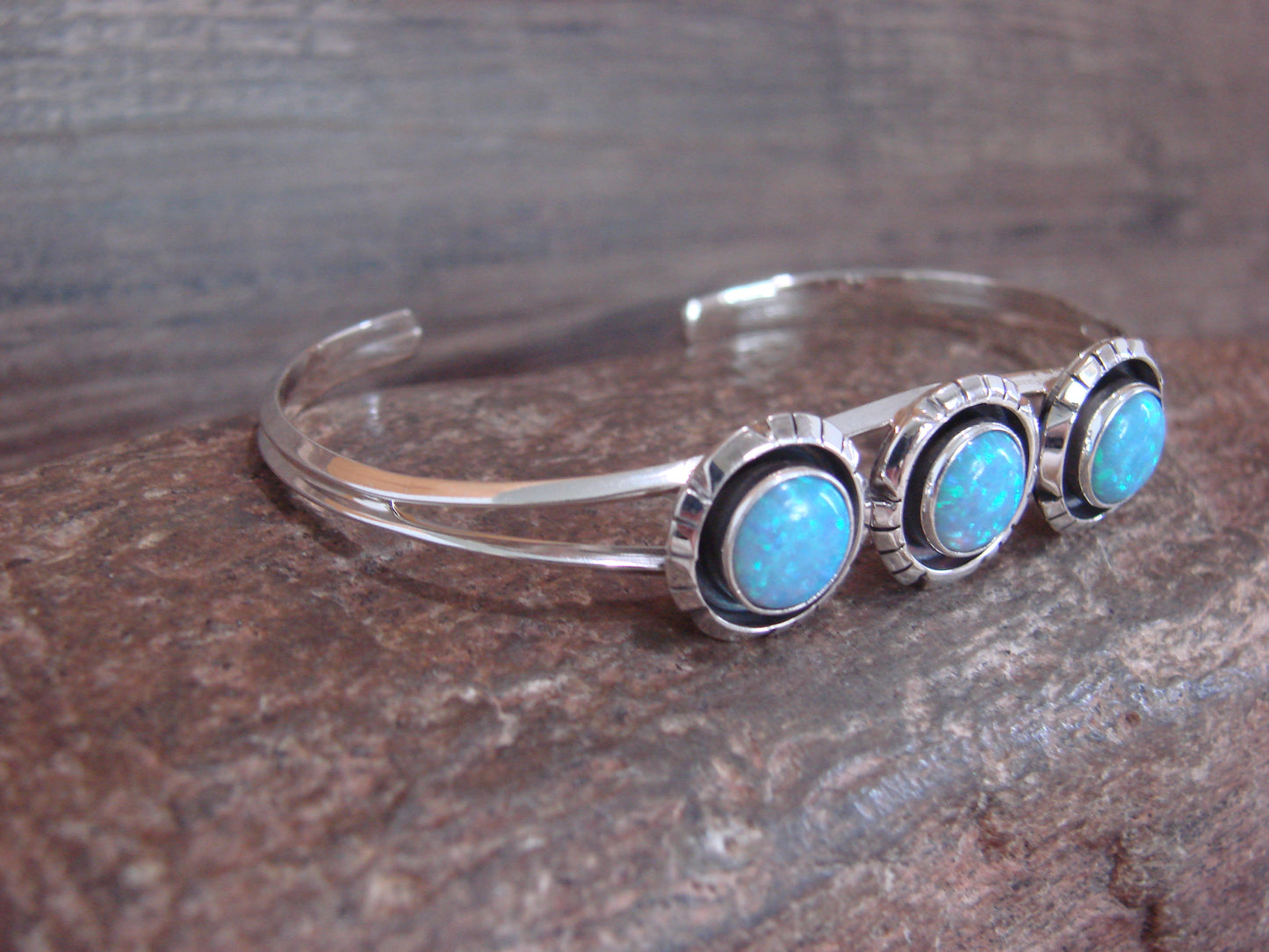 Native American Sterling Silver 3 Stone Blue Opal Bracelet by Amos Begay