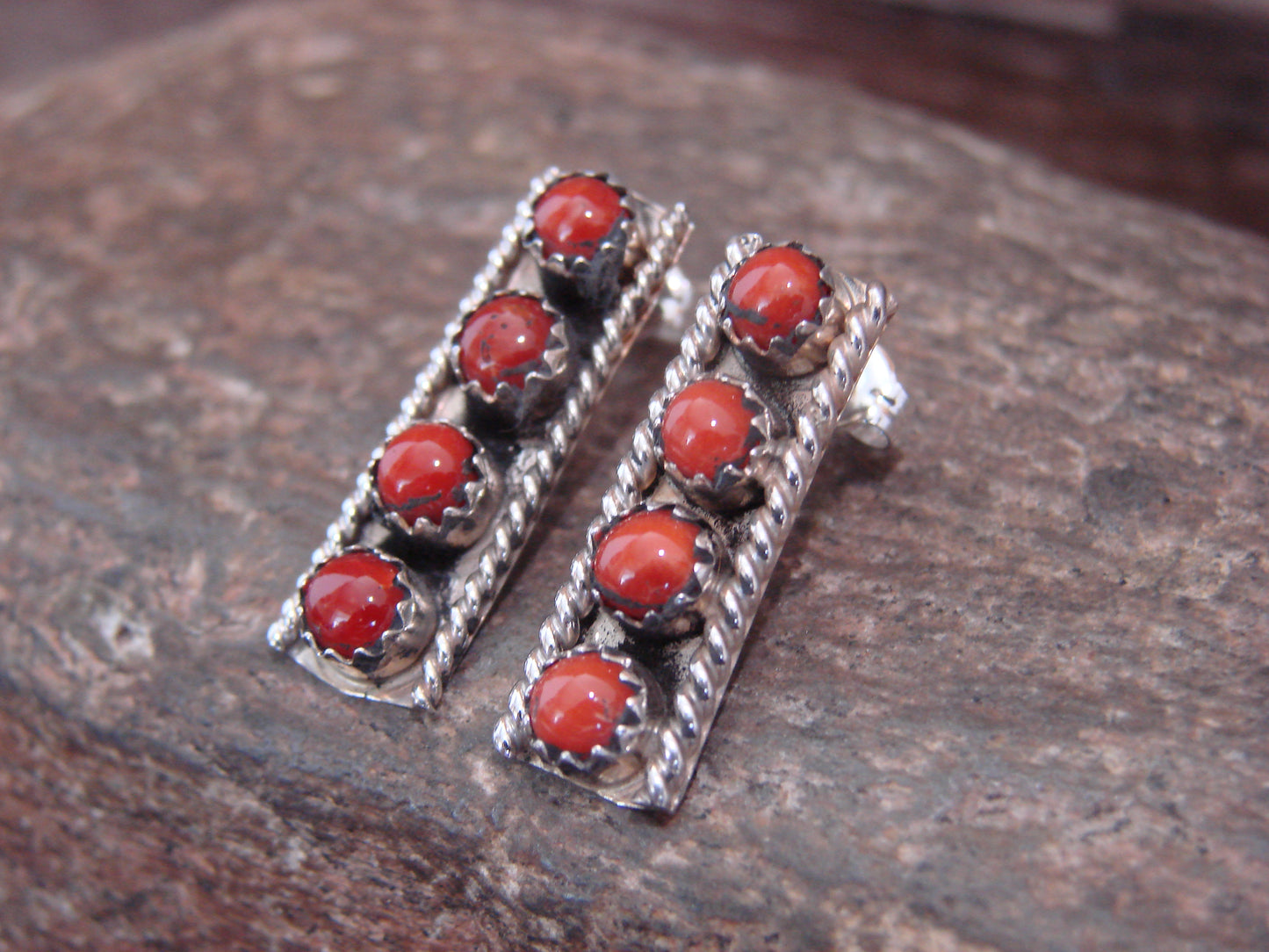Native American Sterling Silver Handmade Coral Row Post Earrings - Spencer