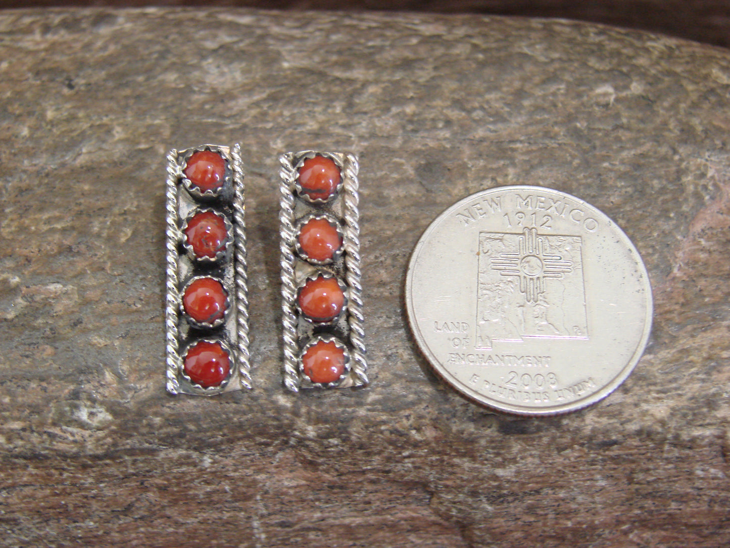 Native American Sterling Silver Handmade Coral Row Post Earrings - Spencer