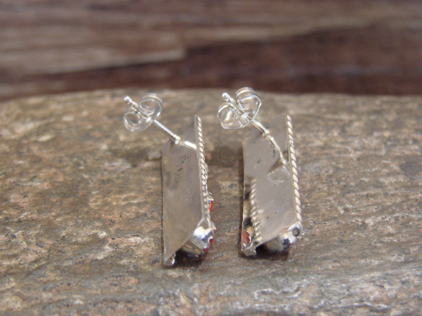 Native American Sterling Silver Handmade Coral Row Post Earrings - Spencer