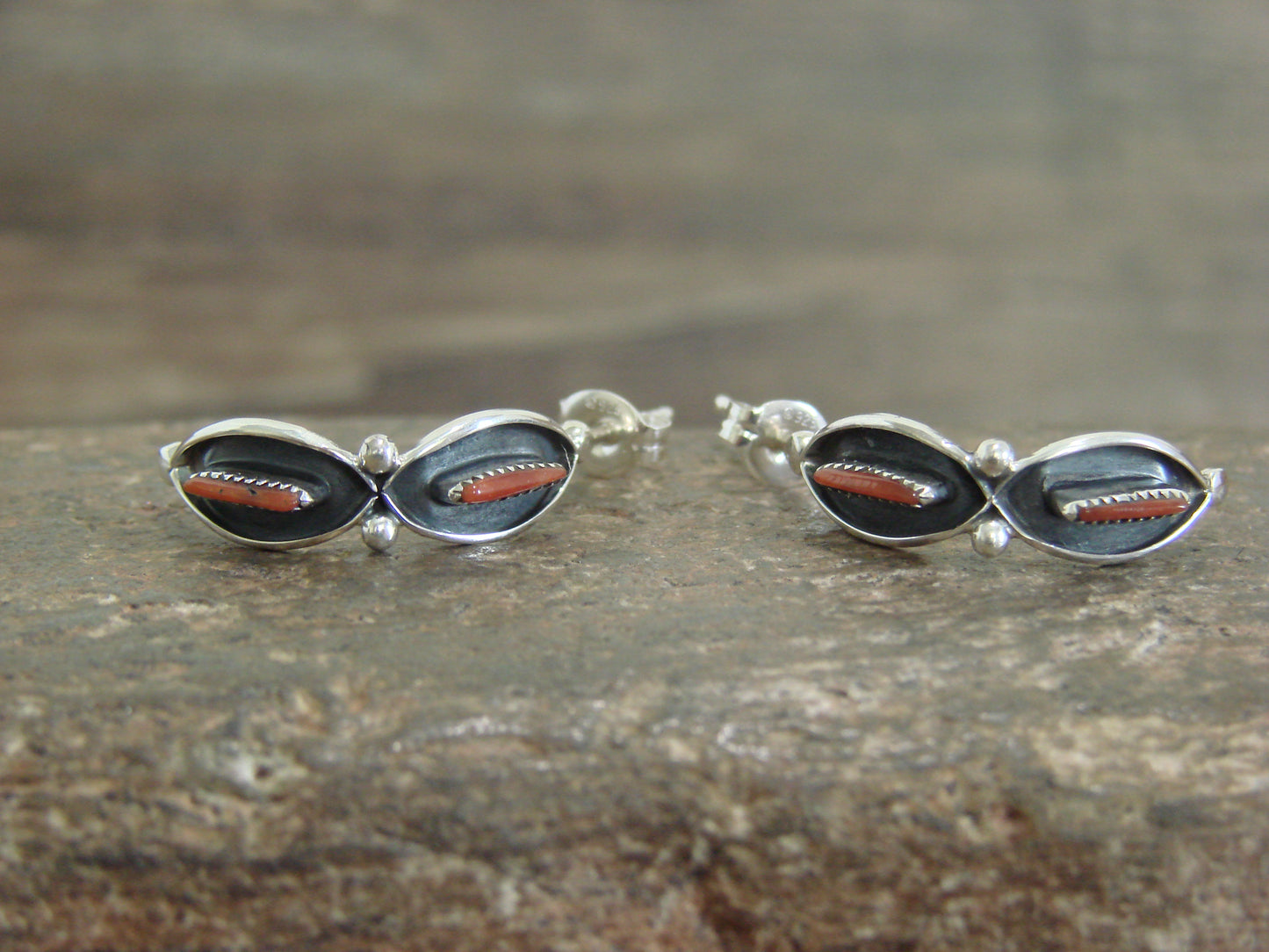 Native American Sterling Silver & Coral Needle Point Half Hoop Earrings by Othole