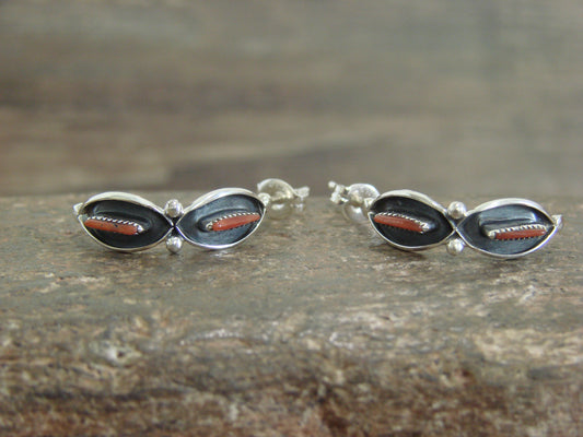 Native American Sterling Silver & Coral Needle Point Half Hoop Earrings by Othole