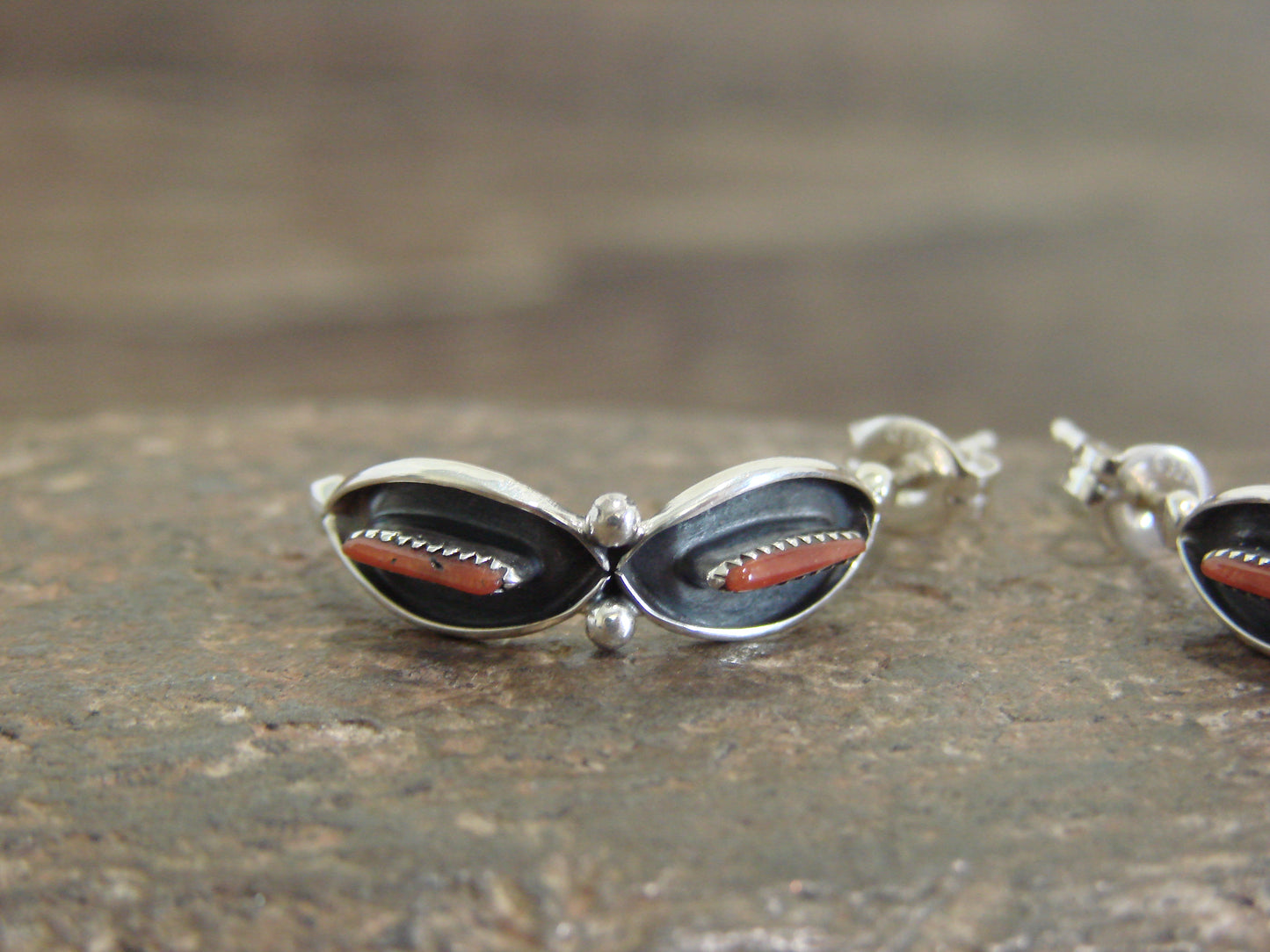 Native American Sterling Silver & Coral Needle Point Half Hoop Earrings by Othole