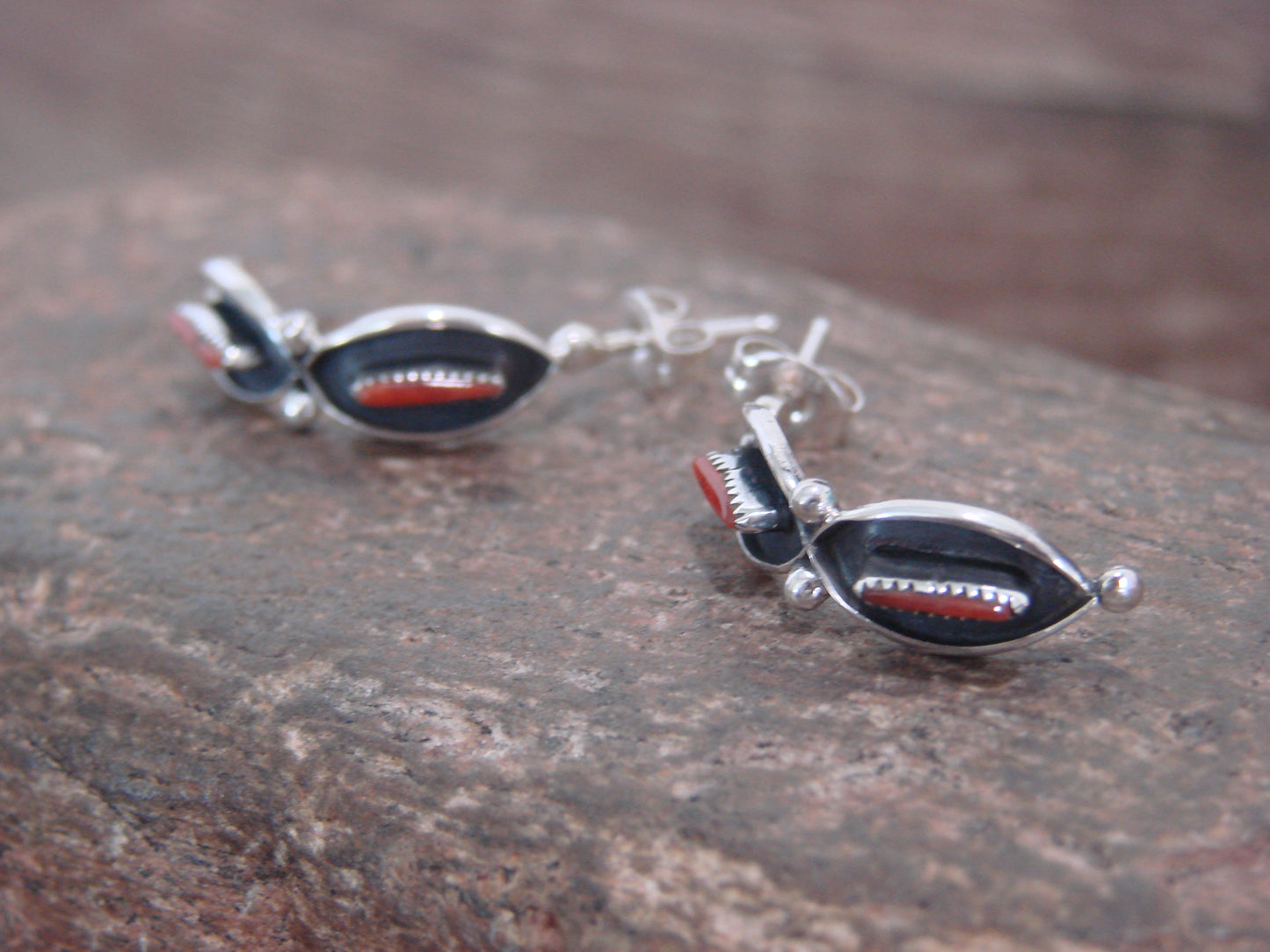 Native American Sterling Silver & Coral Needle Point Half Hoop Earrings by Othole