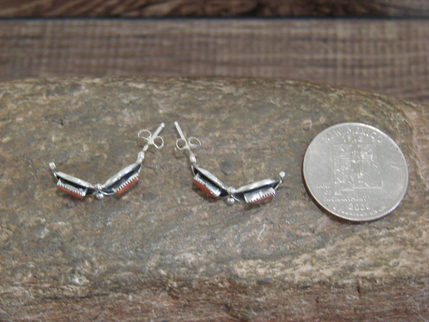 Native American Sterling Silver & Coral Needle Point Half Hoop Earrings by Othole