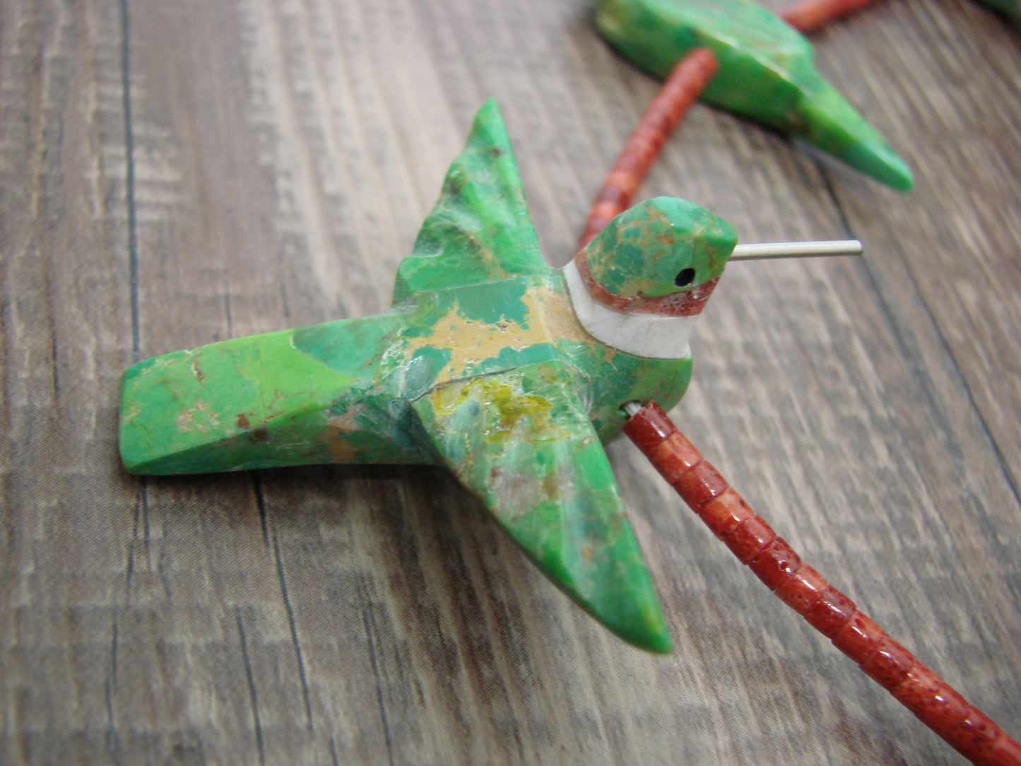 Hand Carved Gaspeite & Coral Hummingbird Fetish Necklace - Mitchell