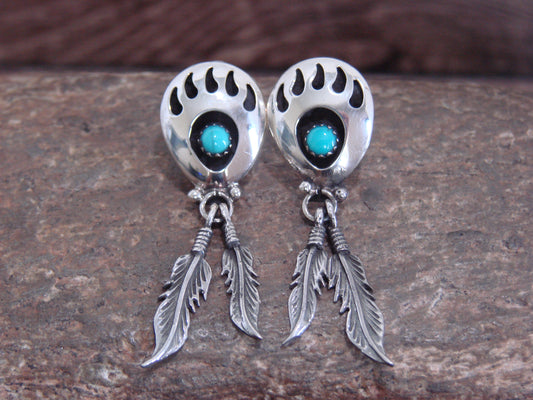 Native American Sterling Silver Turquoise Bear Paw Feather Post Dangle Earrings - Spencer
