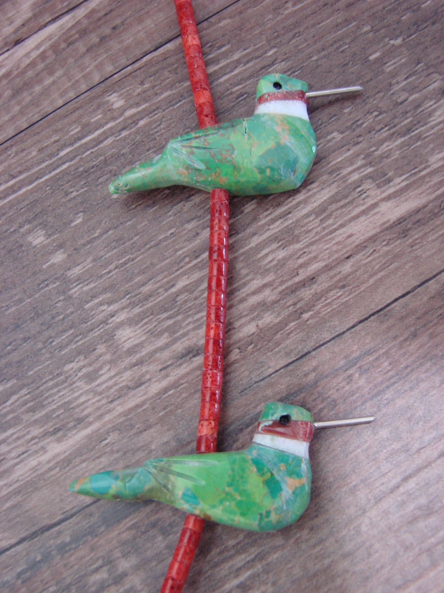 Hand Carved Gaspeite & Coral Hummingbird Fetish Necklace - Mitchell