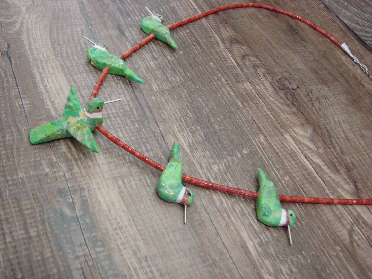 Hand Carved Gaspeite & Coral Hummingbird Fetish Necklace - Mitchell