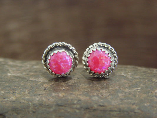 Native American Sterling Silver 1/4" Round Pink Opal Post Earrings by White