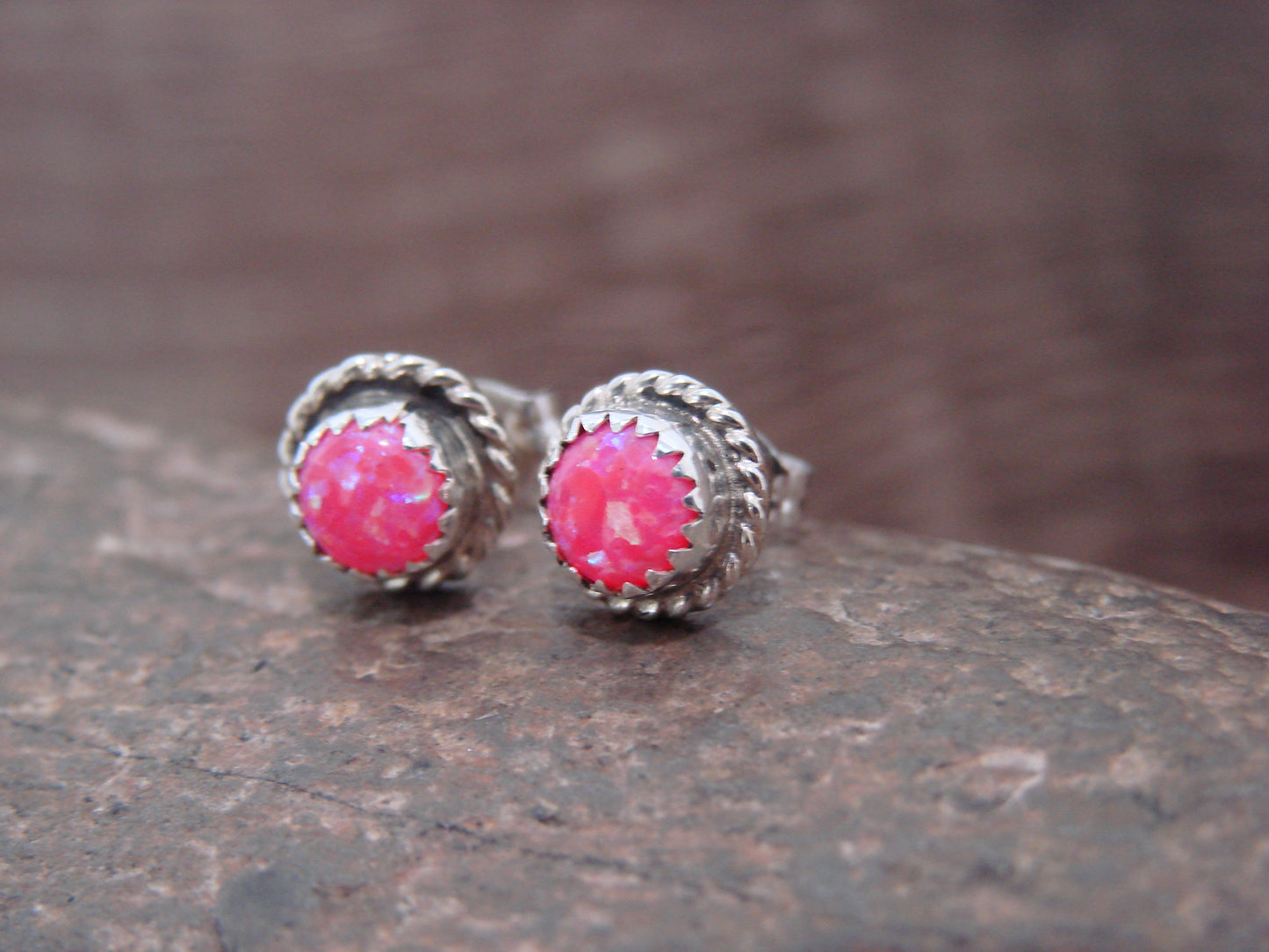 Native American Sterling Silver 1/4" Round Pink Opal Post Earrings by White