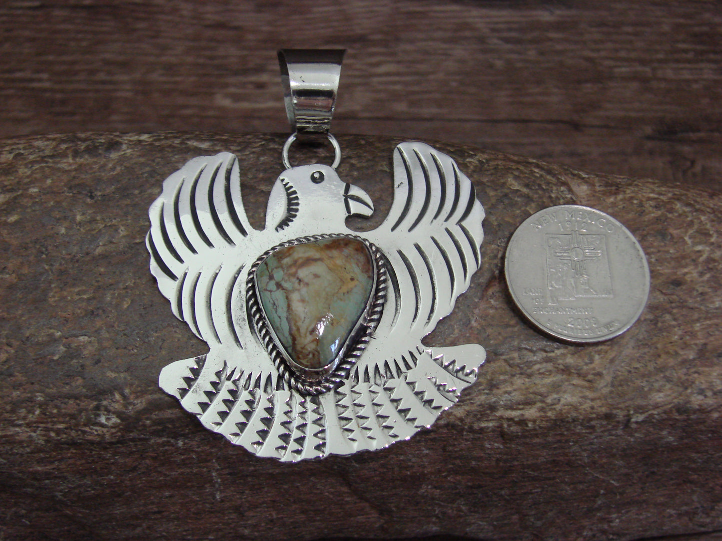 Native American Nickel Silver & Turquoise Eagle Pendant - Cleveland
