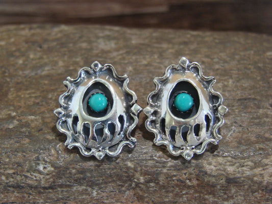 Native American Sterling Silver & Turquoise Bear Paw Post Earrings - Spencer