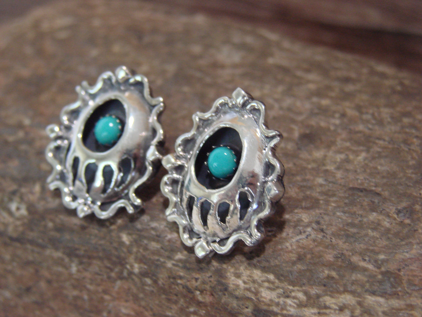 Native American Sterling Silver & Turquoise Bear Paw Post Earrings - Spencer