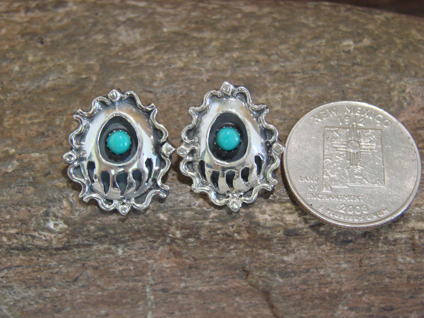 Native American Sterling Silver & Turquoise Bear Paw Post Earrings - Spencer