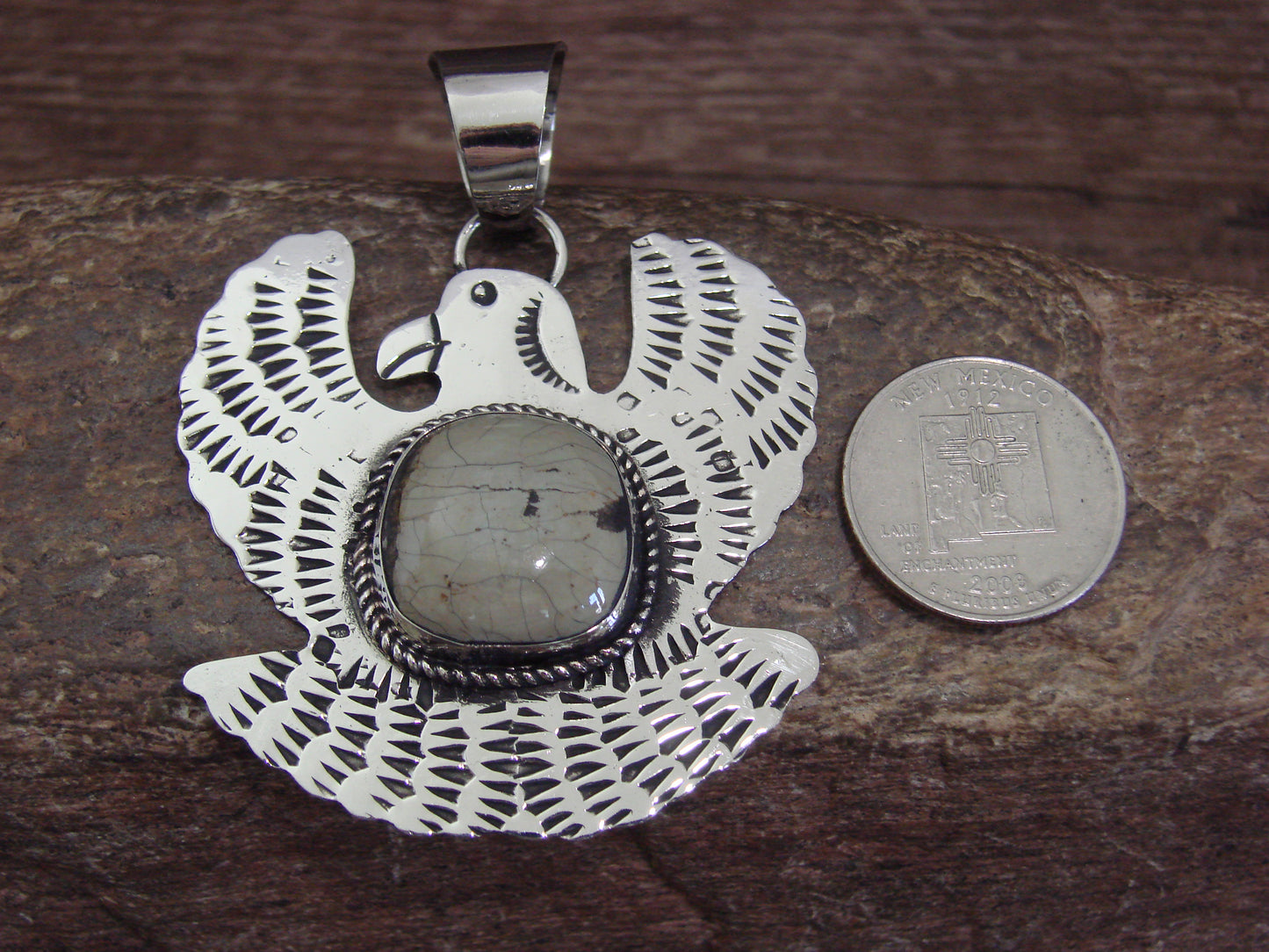 Native American Nickel Silver & Turquoise Eagle Pendant - Cleveland