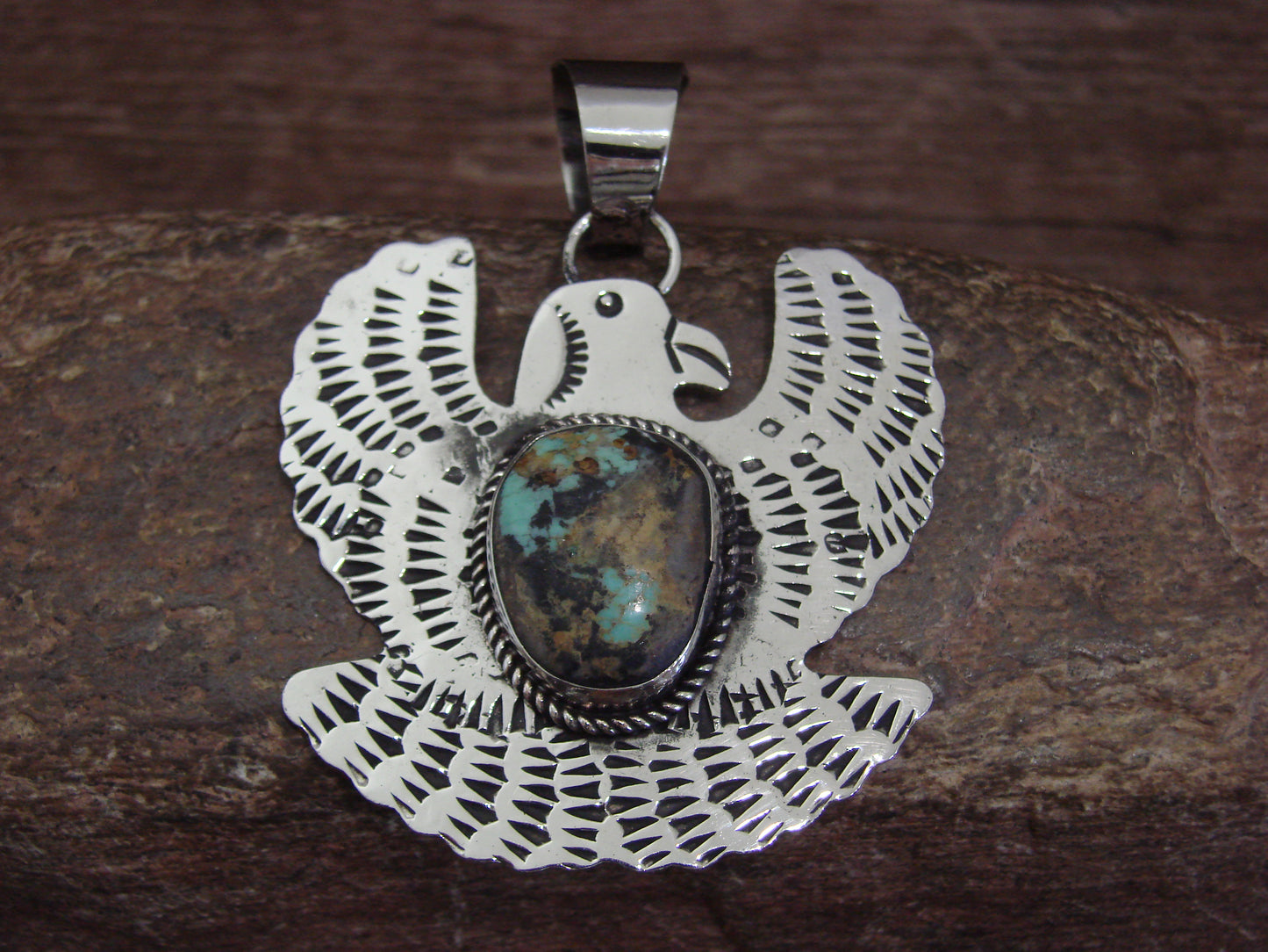 Native American Nickel Silver & Turquoise Eagle Pendant - Cleveland