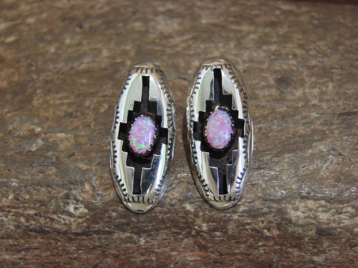 Native American Sterling Silver Shadowbox Pink Opal Post Earrings - Perry