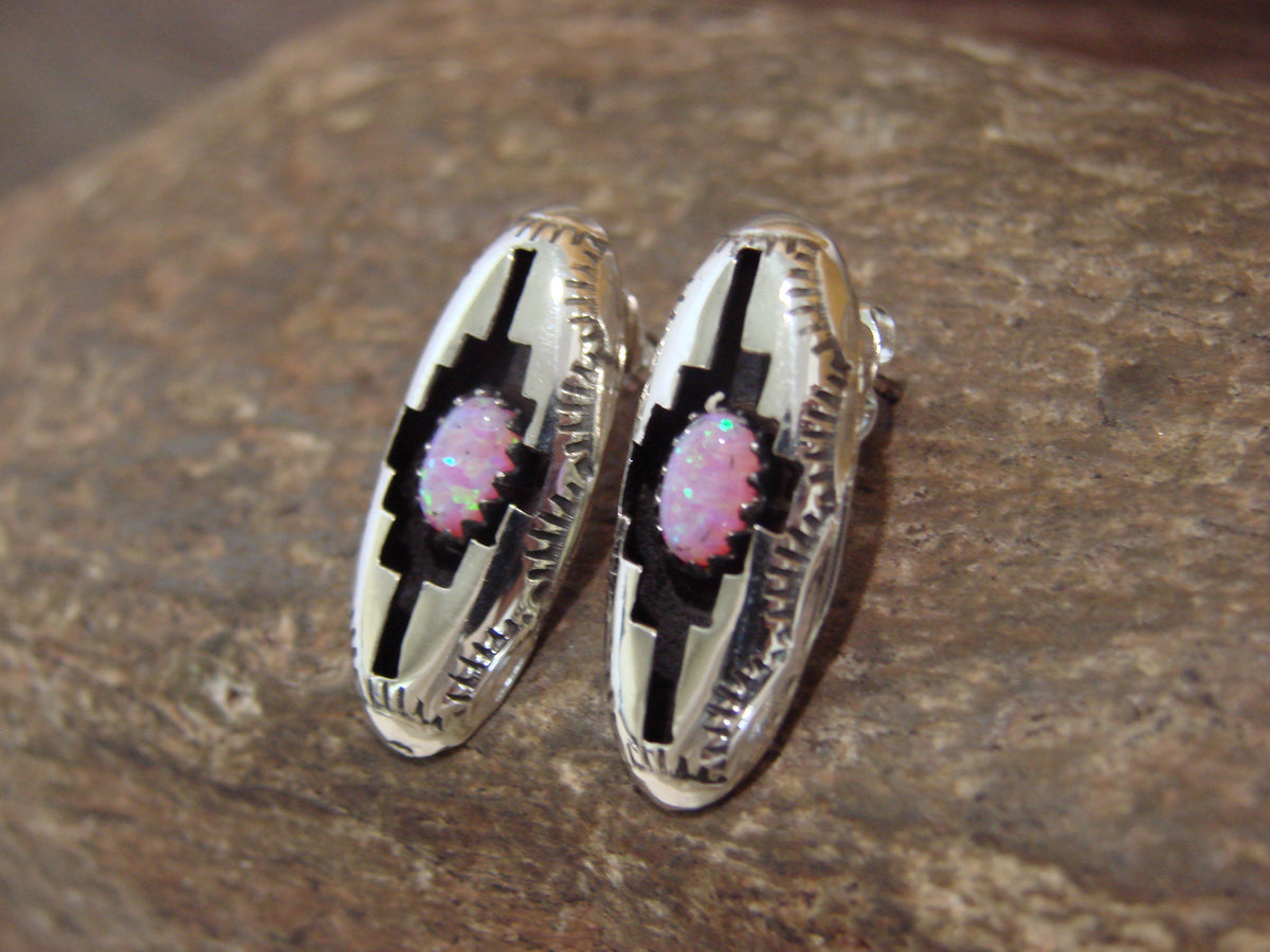 Native American Sterling Silver Shadowbox Pink Opal Post Earrings - Perry