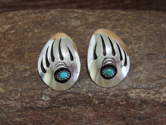 Native American Sterling Silver & Turquoise Bear Paw Post Earrings - Begay