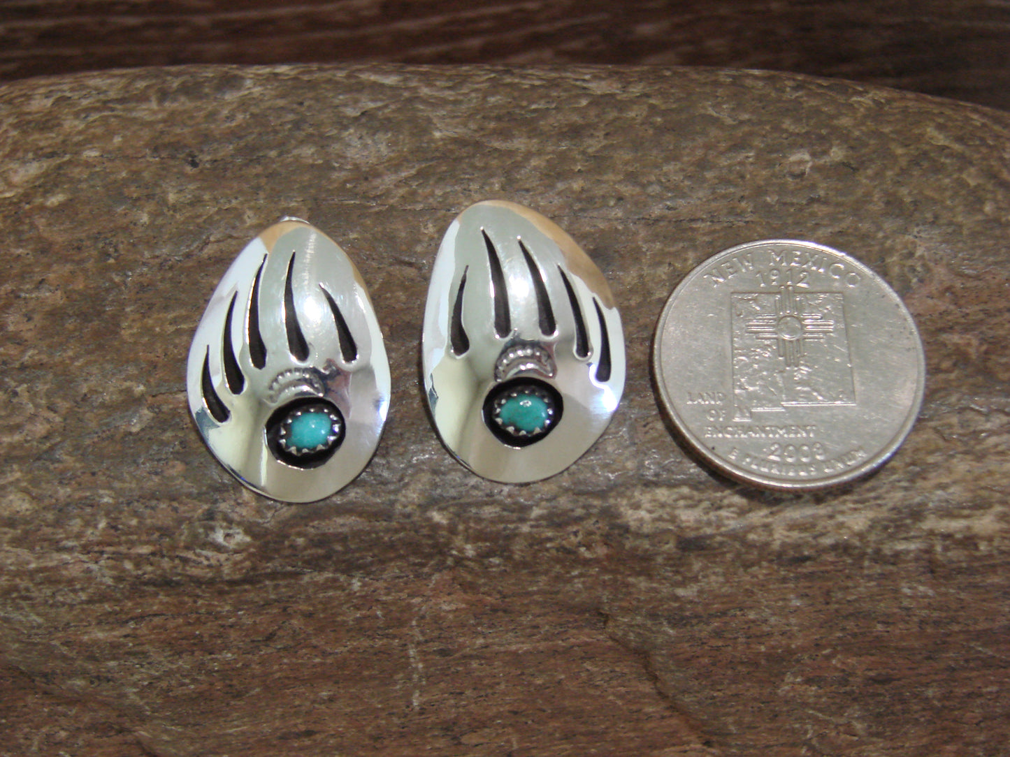 Native American Sterling Silver & Turquoise Bear Paw Post Earrings - Begay