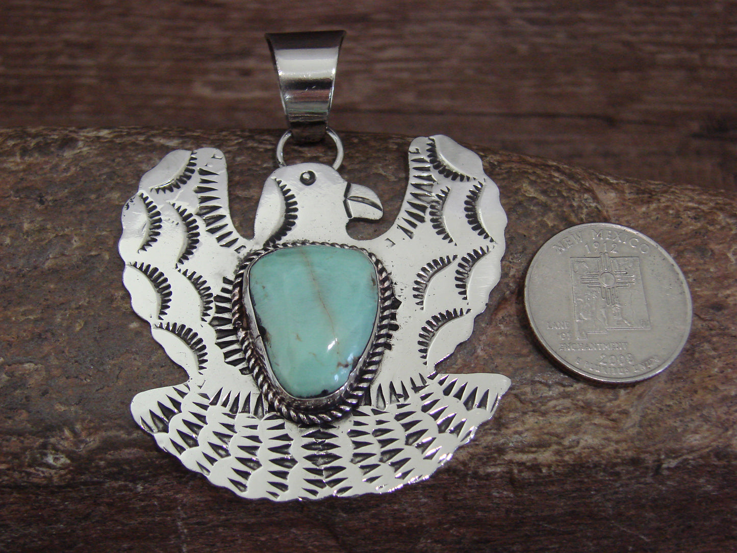 Native American Nickel Silver & Turquoise Eagle Pendant - Cleveland