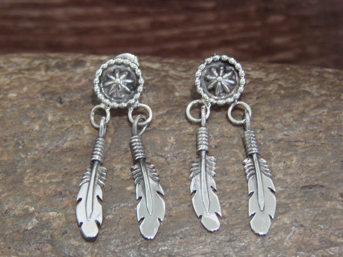 Native American Sterling Silver Star Drop Feather Post Dangle Earrings by Largo