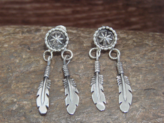 Native American Sterling Silver Star Drop Feather Post Dangle Earrings by Largo
