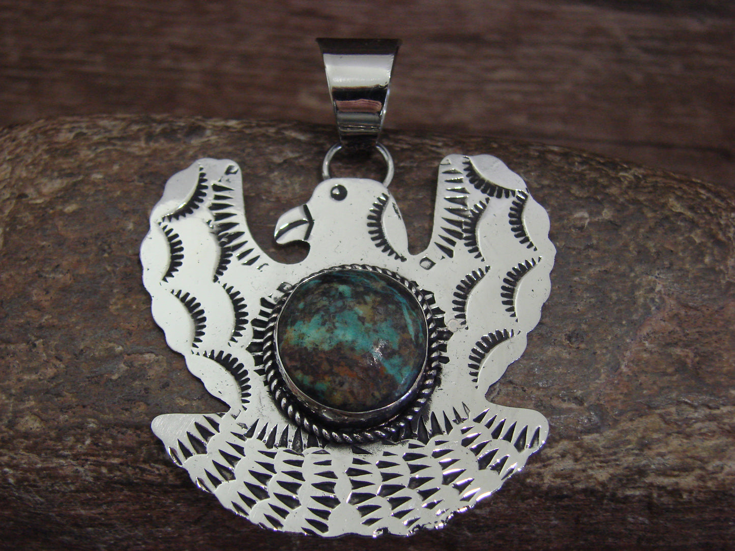 Native American Nickel Silver & Turquoise Eagle Pendant - Cleveland
